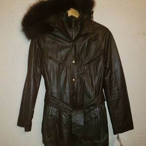 LAMB LEATHER Trench Coat Womens Vintage Brown Fur Hooded 8